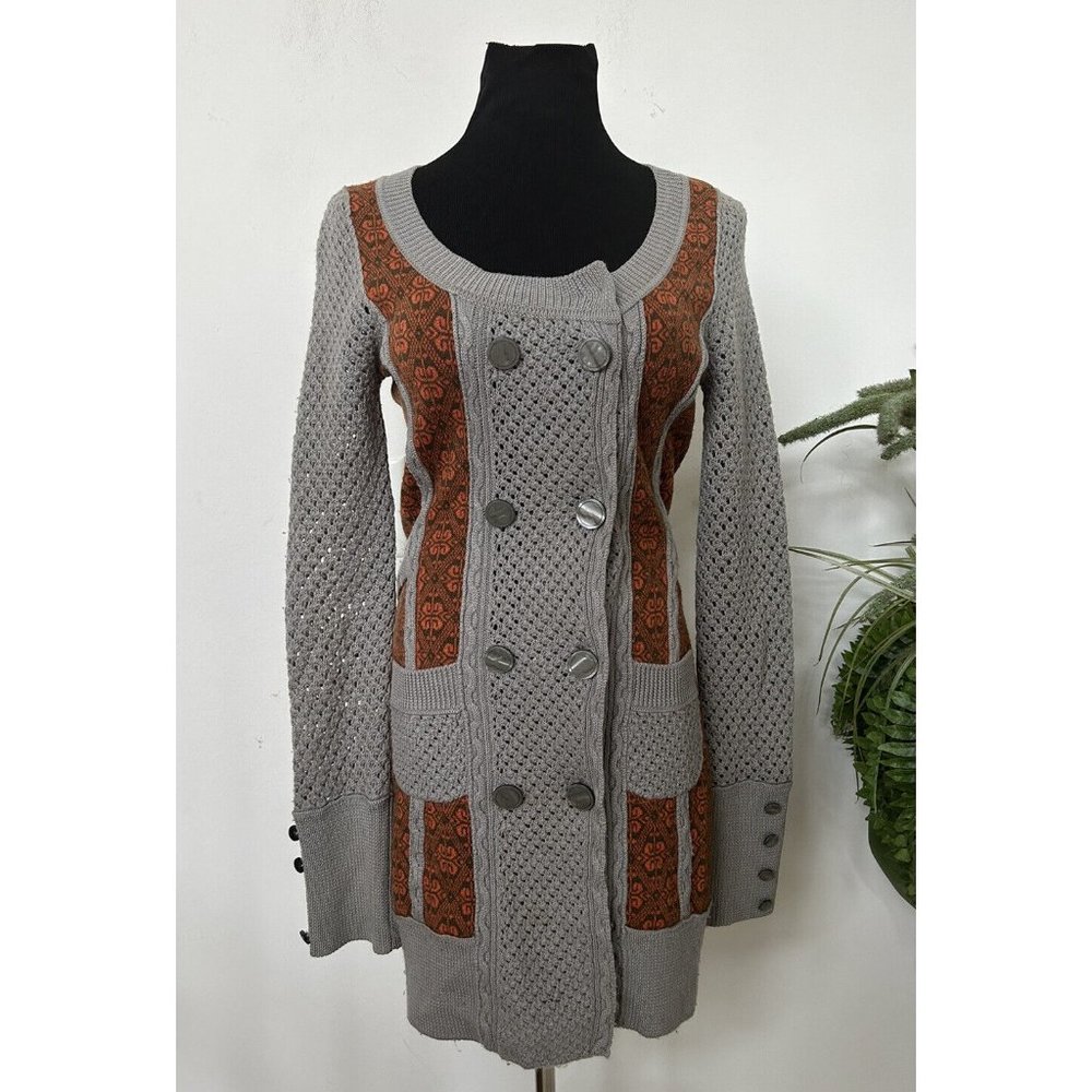 Lia Molly Anthropologie Button Front‎ Long Cardigan Belt Nordic Pattern Size S